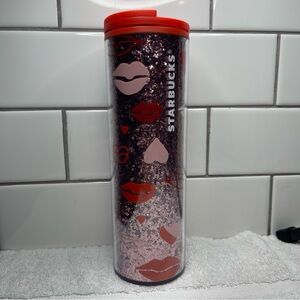 Starbucks Valentine 2021 Pink Glitter Hearts & Lips Travel Tumbler 16 oz